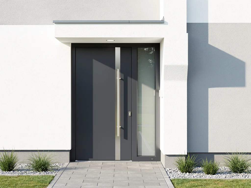 Porte d'entrée aluminium gris anthracite posée sur une façade contemporaine